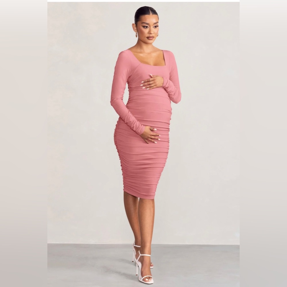 Pink Maternity dress Club L SQUARE NECK RUCHED MIDI DRESS